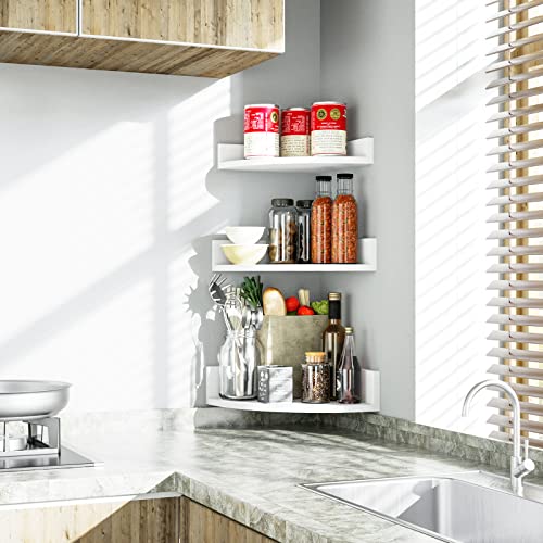 Alsonerbay White Corner Shelf Wall Mount, Set of 3 Floating Shelves for Storage and Display, Rustic Wood Shelves for Bedroom, Living Room, Bathroom, Alsonerbay