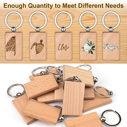 Voittozege 100 Pcs Wooden Keychain Blanks Wood Key Chain Bulk Rectangle Wooden Blank Keychains Unfinished Blanks Wood Keychains Blank Wooden Key Tag Voittozege