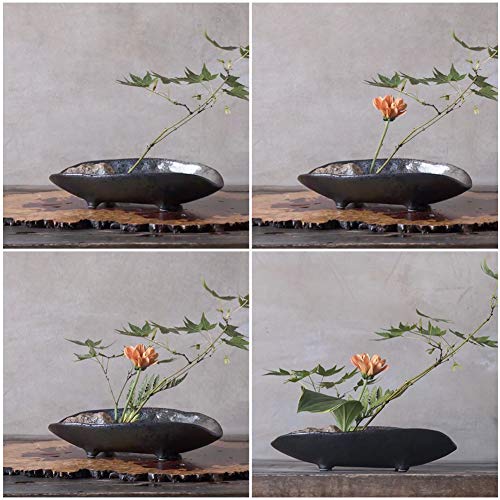 WANDIC Flower Arranging Supplies, Boat Shaped Ceramic Ikebana vases with 4cm Round Flower Frog for Ikebana Floral Arrangement Art Home Decoration, WANDIC
