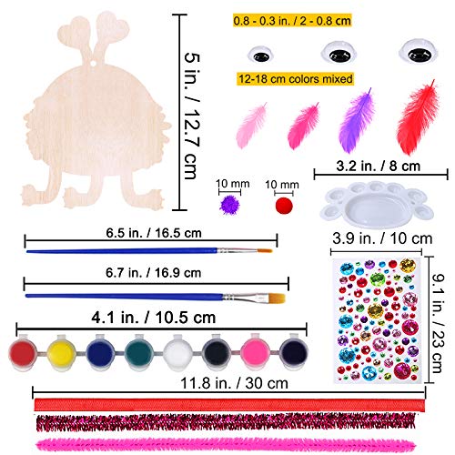 36 Sets Valentine's Day Craft Kits DIY Valentine Monster Wood Ornaments Decorations Art Sets Assorted Paintable Unfinished Wood Monster Cutouts Winlyn