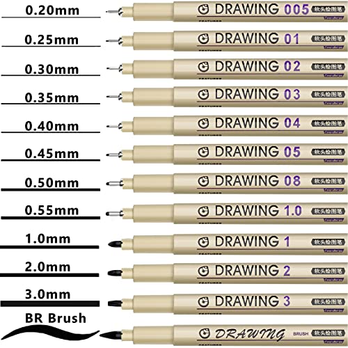 Micro Fineliner Drawing Art Pens: 12 Black Fine Line Waterproof Ink Set Artist Supplies Archival Inking Markers Liner Professional Sketch Outline KOUSICOO