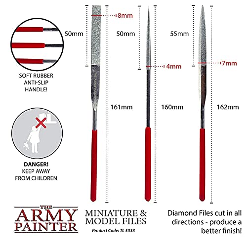 The Army Painter Miniature and Model Files - 3-Piece Diamond Small Metal File Set of Round File, Flat File and Triangular Metal File - Needle File The Army Painter
