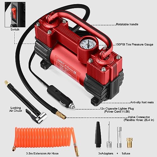 GSPSCN Red Tire Inflator Heavy Duty Double Cylinders, Portable Metal DC 12V Air Compressor, 150PSI Tire Pump with Adapter for Car, Truck, SUV Tires, GSPSCN
