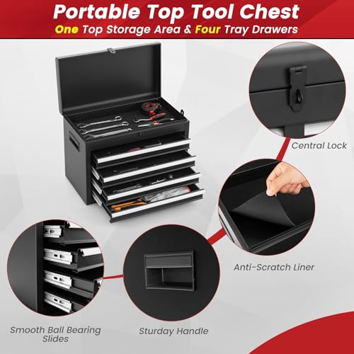 ERGOMASTER Rolling Tool Chest - Heavy Duty Material & Lockable Top-Box & Storage Cabinet for Garage and Workshop - 5-Drawer Tool Box & Black ERGOMASTER