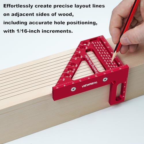 Premium Carpenter Square Hole Scribing Ruler Precision Woodworking Tool 22.5-90 Degree Measuring Ruler with Angle Pin Versatile Speed Square for ViewReal