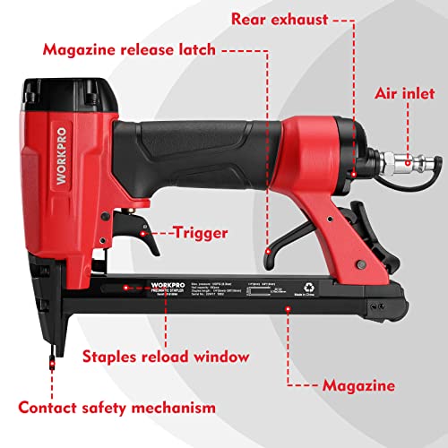 WORKPRO 7116 Pneumatic Staple Gun, 22 Gauge Upholstery Stapler with 1884pcs Staples 1/4"to 5/8", Air-Powered, Rear Exhaust, for Carpentry, WORKPRO