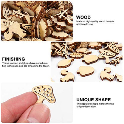EXCEART 200pcs Unfinished Wood Cutout Set Rustic Wood Forest Animal Leaf Mushroom Craft Pieces Slice Embellishment for Home Wedding Decor DIY Jewelry