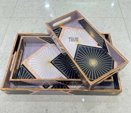 Wooden Serving Tray with Handles - Three Piece Nested Breakfast Tray - Wood Crafts Trays for Organizing | Bathroom Tray - Food Trays for Party Buffet THOR INSTRUMENTS