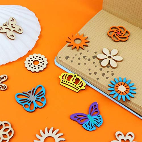 300Pcs Wooden Embellishments,Flower Butterfly Shape Wooden Cutouts Wooden Scrapbooking DIY Handmade Crafts Children Graffiti Home Decor Wooden Crown Haiabei