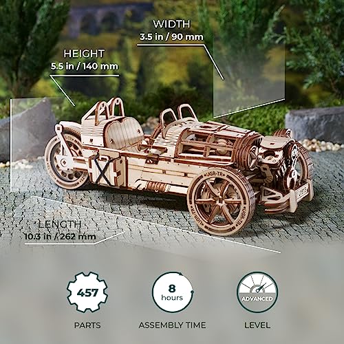 Ugears Three-Wheeler UGR-S - Wooden Motorcycle Model Kit - 3D Puzzles for Adults - Wooden Model Kits to Build - Unique DIY Wooden Puzzle Car Model UGEARS
