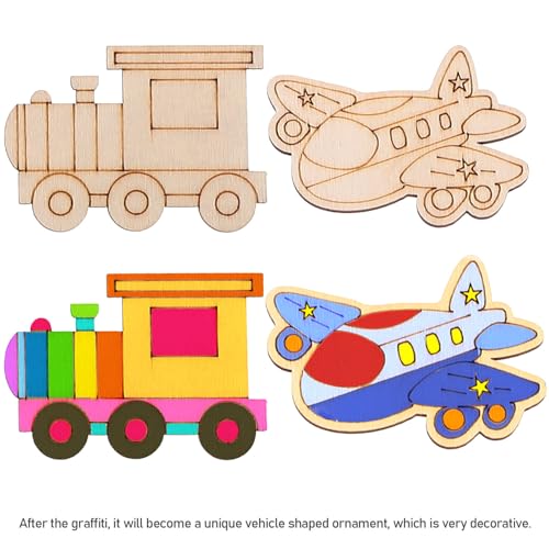 SEWACC 50pcs Truck Unfinished Wood Slices Unpainted Cutout DIY Blank Car Vehicle Bicycle Excavator Helicopter Wooden Ornaments Cutout to Paint (Mixed SEWACC