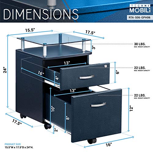 Techni Mobili Rolling File Cabinet with Glass Top, Graphite Techni Mobili