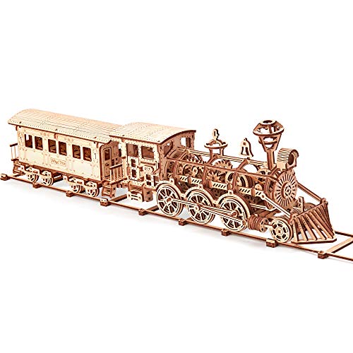 Wood Trick Wooden Toy Train Set with Railway - 34x7″ - Locomotive Train Toy Mechanical Model Kit - 3D Wooden Puzzles for Adults and Kids to Build - Wood Trick