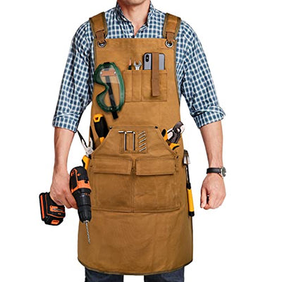UUP Woodworking Apron for Men 20 oz Work Apron for Men with 9 Tool Pockets, Heavy Duty Waxed Canvas Apron Fit for Size S to XXL, Khaki