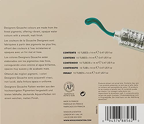 Winsor & Newton Designers' Gouache Introductory 10-Tube Paint Set, 14ml,Blue,green,ivory,white Winsor & Newton
