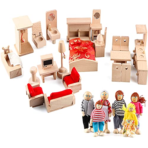 5 Set Dollhouse Furniture Accessories Wooden Bathroom/Living Room/Dining Room/Bedroom/Kitchen House 6 Family Doll Decoration Pretend Play Kids Gemileo