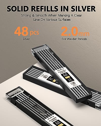 Nicpro 2mm Welder Mechanical Pencil Set with 48PCS Silver Refills, 2mm Metal Lead Holder, Carpenter Pencil with Sharpener for Welding, Cutting, Nicpro