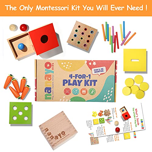 nanayo 4-for-1 Play Kit Includes Object Permanence Box, Montessori Coin Carrot Harvest Game, Matchstick Color Drop Game – Toys for Babies 6-12 nanayo