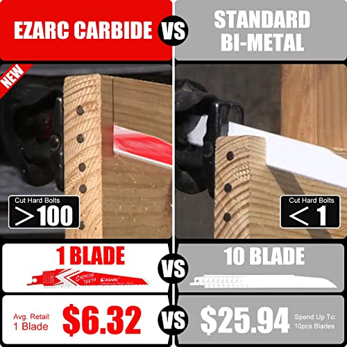 EZARC Carbide Reciprocating Saw Blades 6-Inch, Endurance Sabre Saw Blade Set for Hard Wood and Metal Demolition 6TPI, 3-Pack R656HM EZARC