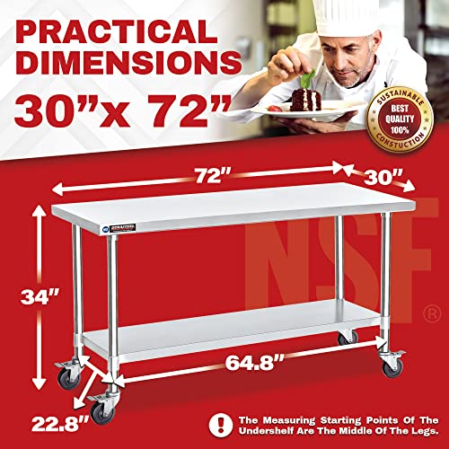 Food Prep Stainless Steel Table - DuraSteel 30 x 72 Inch Metal Table Cart - Commercial Workbench with Caster Wheel - NSF Certified - For Restaurant, DuraSteel