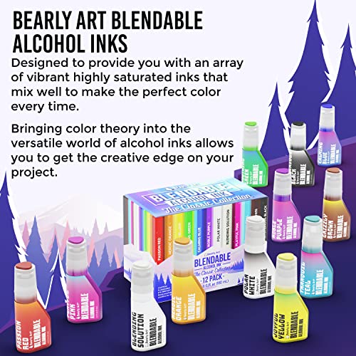 Bearly Art Alcohol Ink - The Colorful Collection - Blendable Rainbow Alcohol Inks Set - 0.5 fl oz (15 ml) Bottles - 12 Colorful Colors - Includes Bearly Art