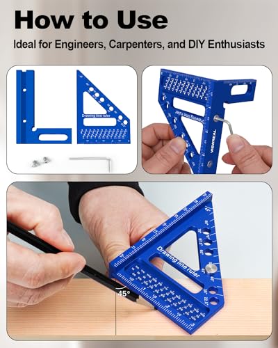 3D Multi-Angle Aluminum Alloy Woodworking Square Ruler, 22.5-90 Degree Protractor, High Precision Miter Triangle Ruler for Engineers, Carpenters, and ViewReal