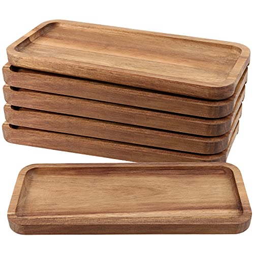 FUNSUEI 11.8 x 5.1 Inches Set of 6 Wooden Serving Platters, Acacia Wooden Serving Trays with Grooved Handle Design, Rectangular Wooden Platters for FUNSUEI
