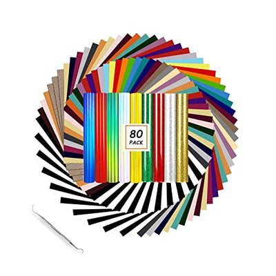 HTVRONT HTV Heat Transfer Vinyl Bundle: 80 Pack 12" x 10" Iron on Vinyl for T-Shirt, 39 Assorted Colors with Vinyl Accessories Tweezers for Cricut,