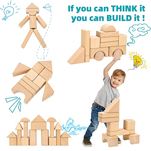 Timfuis Wooden Building Blocks Set, 80 PCS Natural Wood Stacking Block Toy with Carrying Bag, Montessori Learning Birthday Gifts for 3 4 5 Year Olds Timfuis