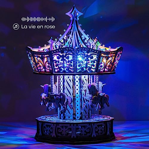 Wood Trick Parisian Carousel Wooden Music Box Kit - DIY 3D Puzzle for All Ages with Backlight Wood Trick