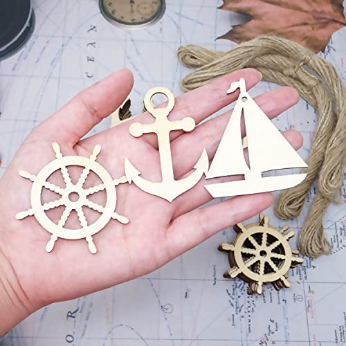 yueton 36PCS 3 Styles Nautical Themed Unfinished Wood Cutouts Wood Slices Wood Chips, Sailboat Rudder Anchor Wooden Cutouts, Wooden Hanging yueton