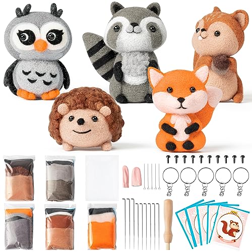 WATINC Set of 5 Woodland Wool Needle Felting Kit, Fox Owl Hedgehog Squirrel Raccoon Animal Doll Wool Felt Needle Felting Tools Foam Pad, DIY Needle WATINC