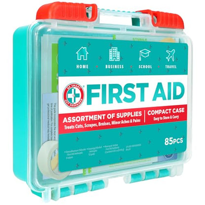 Be Smart Get Prepared 85 Piece First Aid Kit: Clean, Treat, Protect Minor Cuts, Scrapes. Home, Office, Car, School, Business, Travel, Emergency,