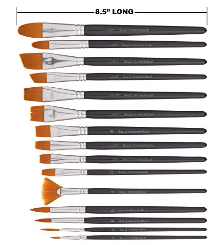 Jerry Q Art 15 pcs Golden Taklon Brush Set for Acrylic, Tempera, Watercolor, Oil Painting, Silver Ferrule with Violet Short Wooden Handles JQ151 Jerry Q Art