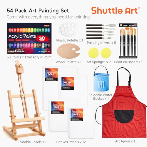 66 Pack Acrylic Paint Set, Shuttle Art Acrylic Painting Set with 30 Colors Acrylic Paint, Wooden Easel, Painting Canvas, Paint Brushes, Palettes, Art Shuttle Art