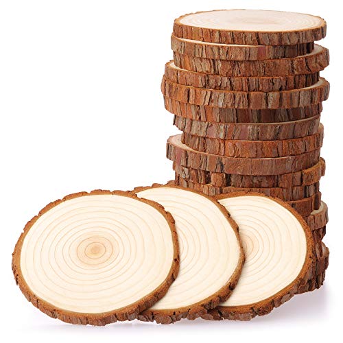 Fuyit Natural Wood Slices 20 Pcs 3.5-4 Inches Unfinished Wood Craft Kit Undrilled Wooden Circles Without Hole Tree Slice with Bark for Arts Painting Fuyit