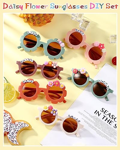 Kanayu 24 Pcs Sunglasses DIY Kit Kids Round Flower Sunglasses Bulk with 200 Random Letter Beads 100 Daisy Charms and 2 Glues Craft Party Favors Gifts Kanayu