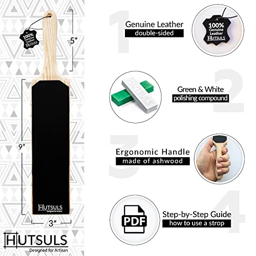 Hutsuls Leather Strop for Knife Sharpening - Get Razor-Sharp Edges with 3" x 9" Double Sided Paddle Strop Block, Easy to Use Knife Strop with Hutsuls