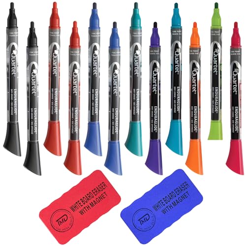 The Mega Deals Quartet Dry Erase Markers, 2 Whiteboard Erasers Bundle - 12 Count Assorted Fine Tip Whiteboard Markers and 2 Magnetic Dry Erase Eraser The Mega Deals