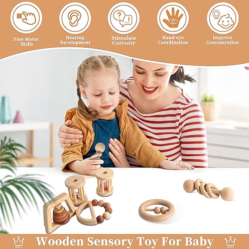 Wooden Baby Toy 8pcs, Montessori Toys for Babies 1-3 Years Old, Wooden Rattles Toy Set for Infant Grasping, Sensory Development, Gift for Baby Boys MLYEY