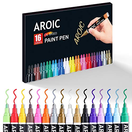 AROIC Paint Pens Paint Markers, 16 colors Oil-Based Waterproof Paint Marker Pen Set On Rock, Wood, Fabric, Metal, Plastic, Glass, Canvas, Mugs, AROIC