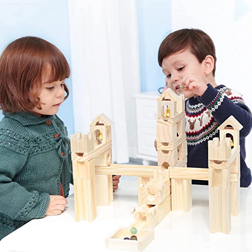 Wooden Marble Run for Kids Ages 4-8, 65 Pieces Wood Building Blocks Toys and Construction Play Set, Marble Track Maze Game STEM Learning Toys Gifts Onshine