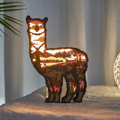3D Wooden Animals Carving LED Night Light, Wood Carved Lamp Modern Festival Decoration Home Decor Desktop Desk Table Living Room Bedroom Office
