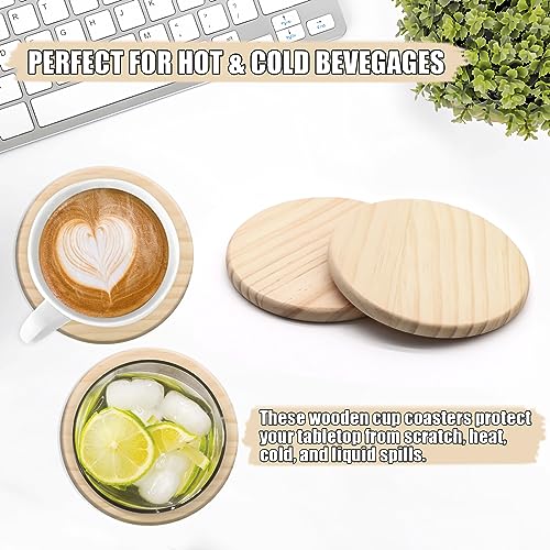 24 PCS Unfinished Round Wood Coasters, SIJDIEE 4 Inch Blank Wooden Craft Coasters with Non-Slip Foam Pad Stickers for DIY Stained Painting Wood SIJDIEE