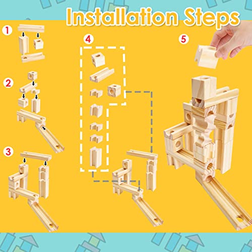 Wooden Marble Run for Kids Ages 4-8, 60 Pieces Wood Building Blocks Toys and Construction Play Set, Marble Track Maze Game STEM Learning Toys Gifts Onshine