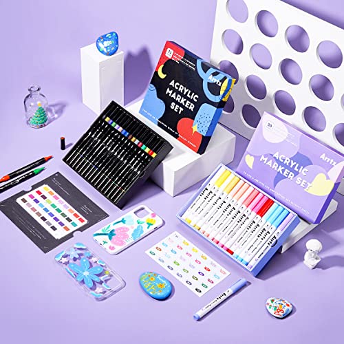 Arrtx Acrylic Paint Pens 62PCS, Brush Tip and Fine Tip (Dual Tip), Paint Markers for Rock Painting, Water Based Acrylic Painting Supplies for Fabric Arrtx