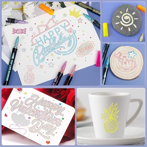 RIANCY Double Line Outline Markers 12 Colors Outline Metallic shimmer Markers Pens for Lettering, DIY Art Drawing Greeting Cards Craft Pens Projects RIANCY