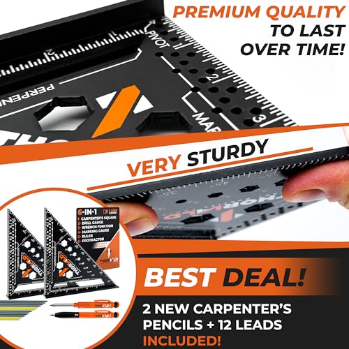 THORVALD 2 Carpenter Square 7 inch (1/16" Precision) + 2 Pencils + 12 Leads - T Square Multi-Purpose Carpenter Tools : Wrench, Square, Protractor, THORVALD