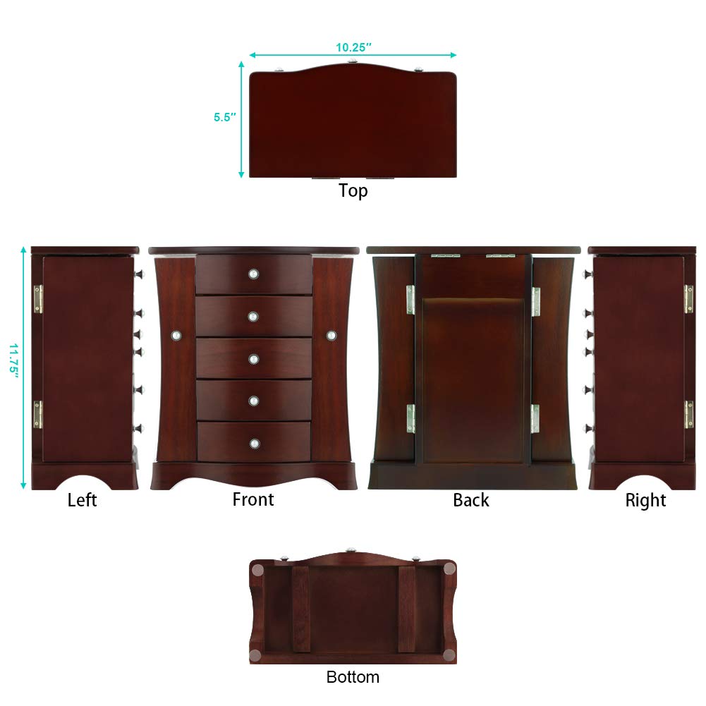 RR ROUND RICH DESIGN Jewelry Box - Made of Solid Wood with Tower Style 4 Drawers Organizer and 2 Separated Open Doors on 2 Sides and Large Mirror RR ROUND RICH DESIGN
