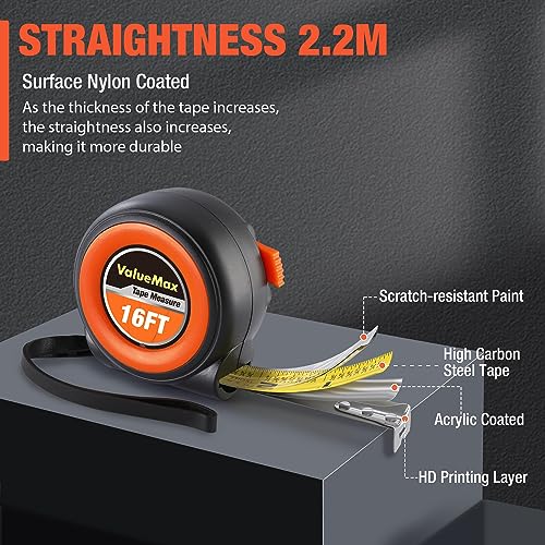 ValueMax Tape Measure 16FT, 6 Pack Tape Measure Retractable, Easy Read Measuring Tape, Auto-Lock Measurement Tape for Construction, Contractor, ValueMax